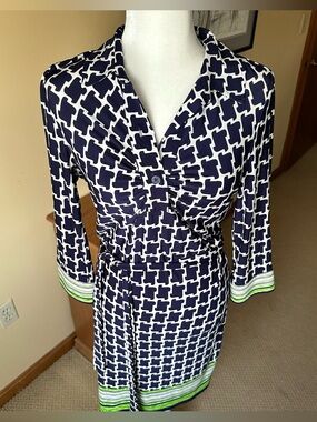 Laundry by Shelli Segal Blue/Green Geometric Career Work Dress Sz 4 Mod Print